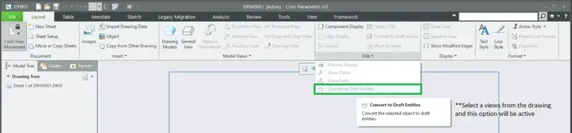 convert the drawing view to draft entities in creo