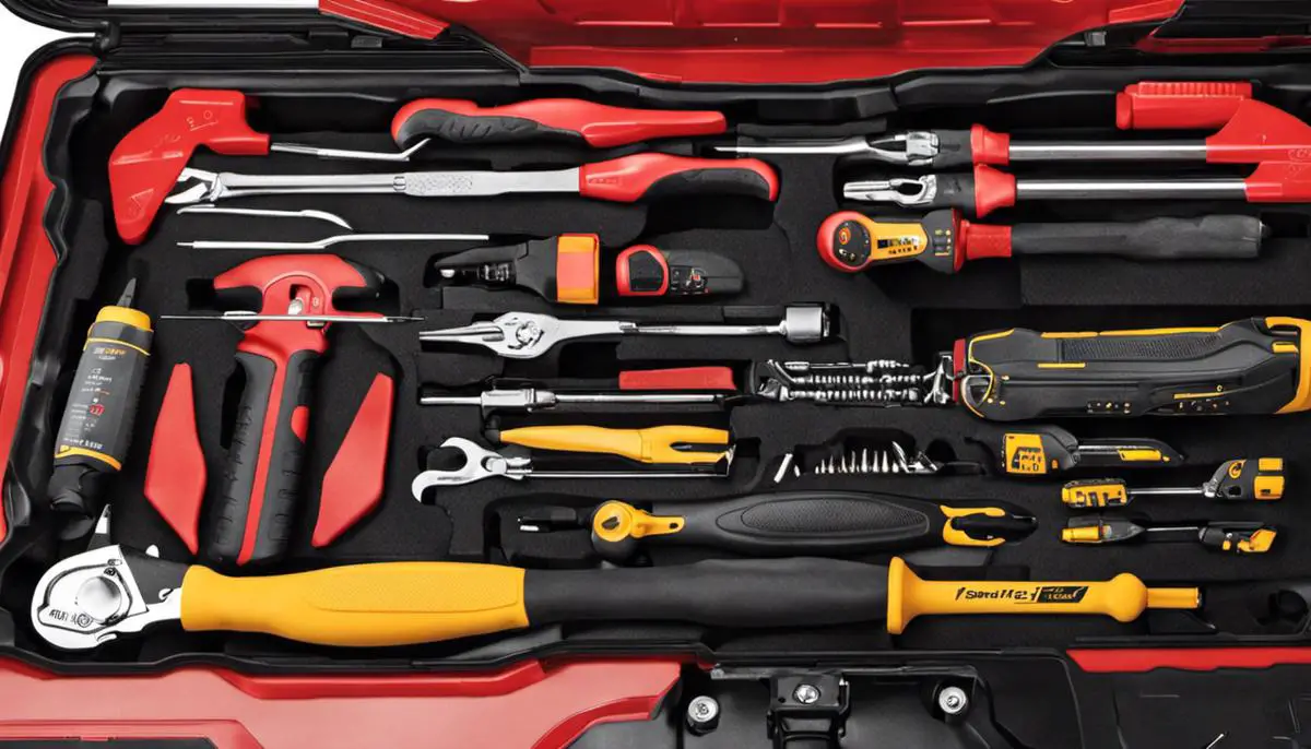 A set of car repair tools with various screwdrivers, wrenches, pliers, and a multimeter, emphasizing the importance of having the right tools for car repairs.