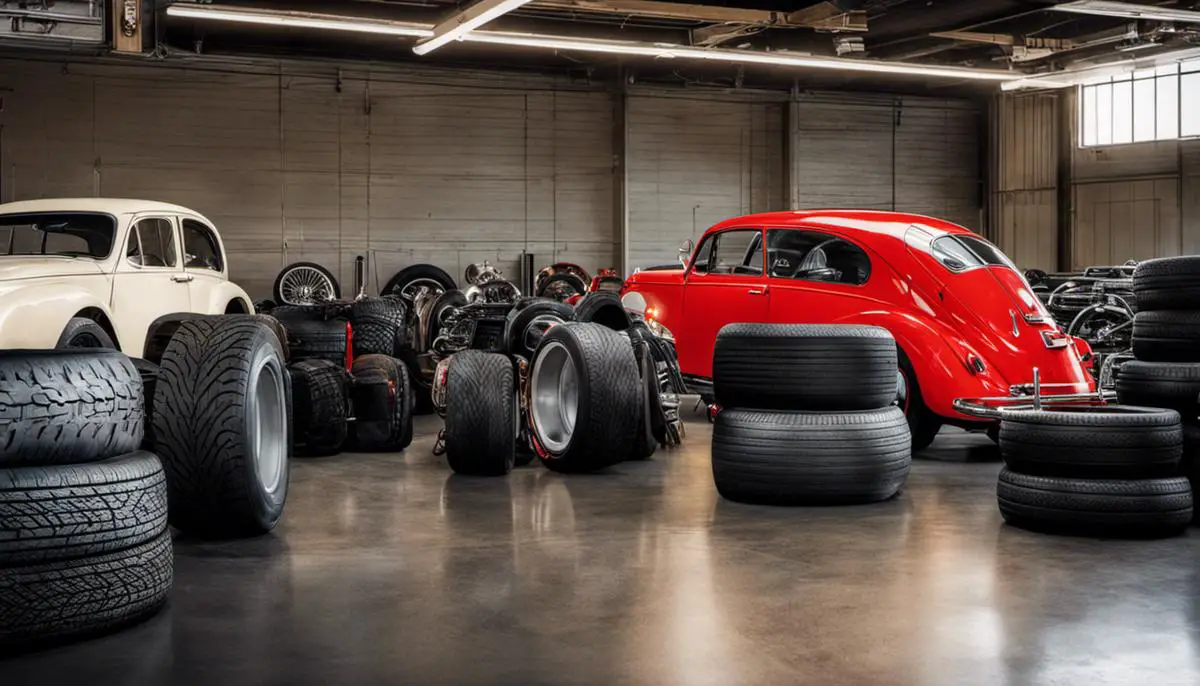 An image showcasing various tire designs throughout history